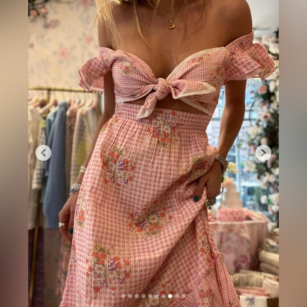 Loveshackfancy Strapless Pink Gingham Floral Dress - image 1